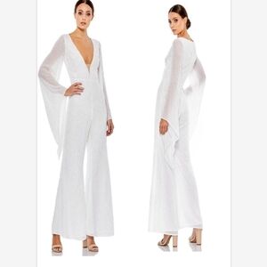 Mac Duggal 10710 White V Neck wide leg dressy jumpsuit cape sleeves SZ 6 NWT